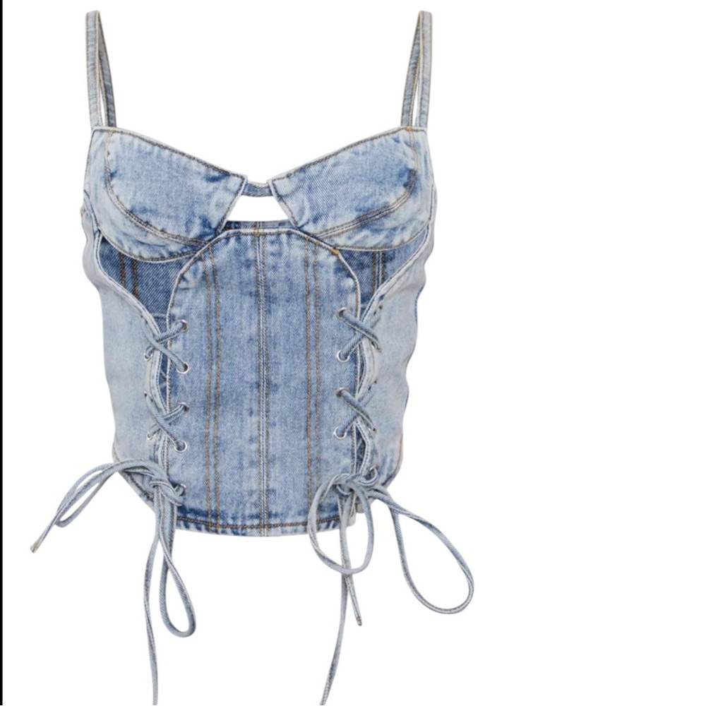 NWT Denim Lace Up Cutout Corset Jean Top - Picture 3 of 13